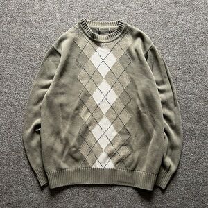 Vintage Argyle Diamond Crewneck Pullover Sweater Mens L Taupe Cream Grandpa Core